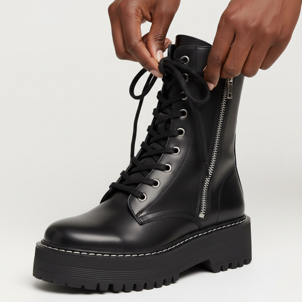 Close-up of lacing and zipper details on women platform combat boots for better fit