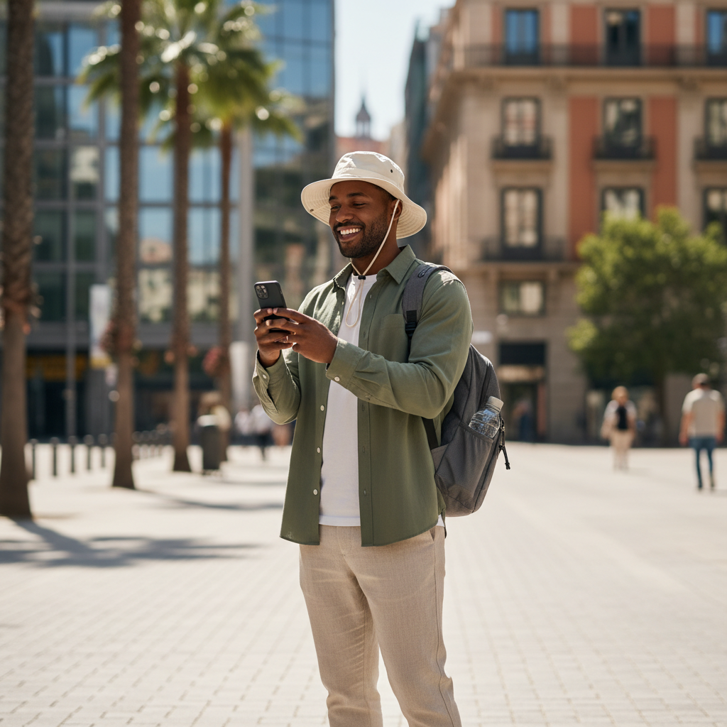 Traveler wearing UPF clothing while sightseeing in a sunny city street