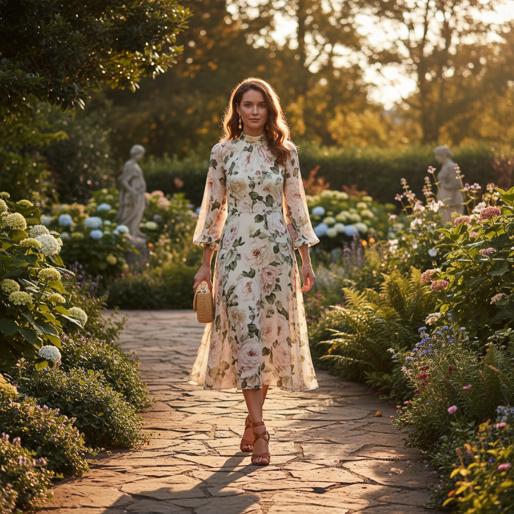 Outdoor garden wedding guest outfit with midi dress and block heels