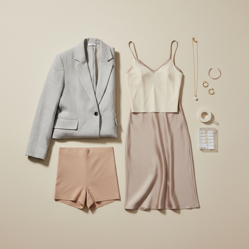Flat lay of modest layering essentials for a sheer dress