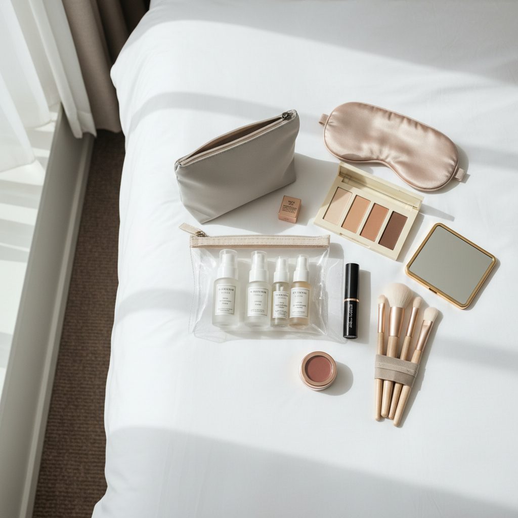 Organized travel makeup bag essentials laid out on a hotel bed