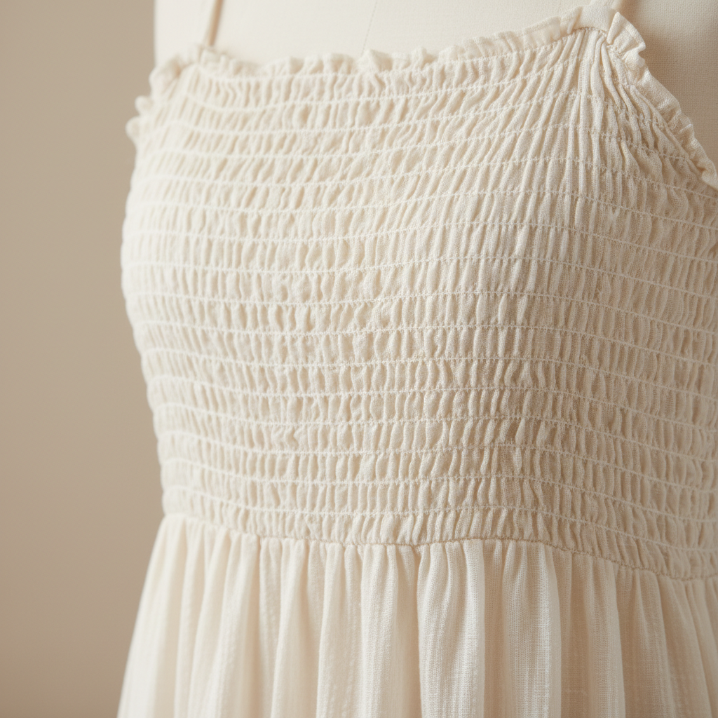 Close-up of smocked bodice fabric texture and breathable summer materials