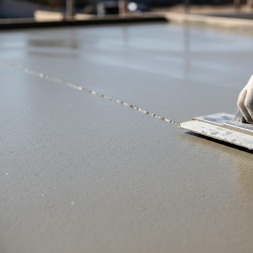 Close-up of concrete surface showing correct float timing with no bleed water