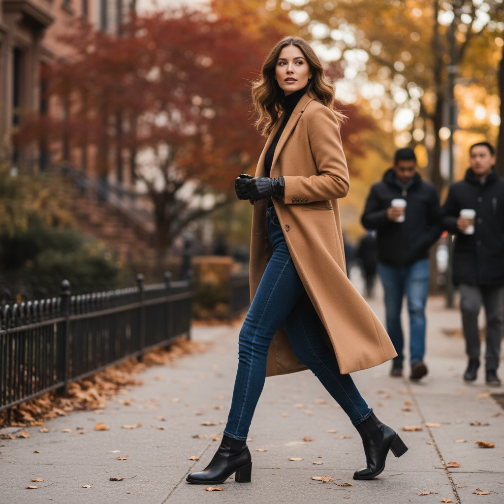 Stylish women wearing fingerless gloves with fall streetwear outfit