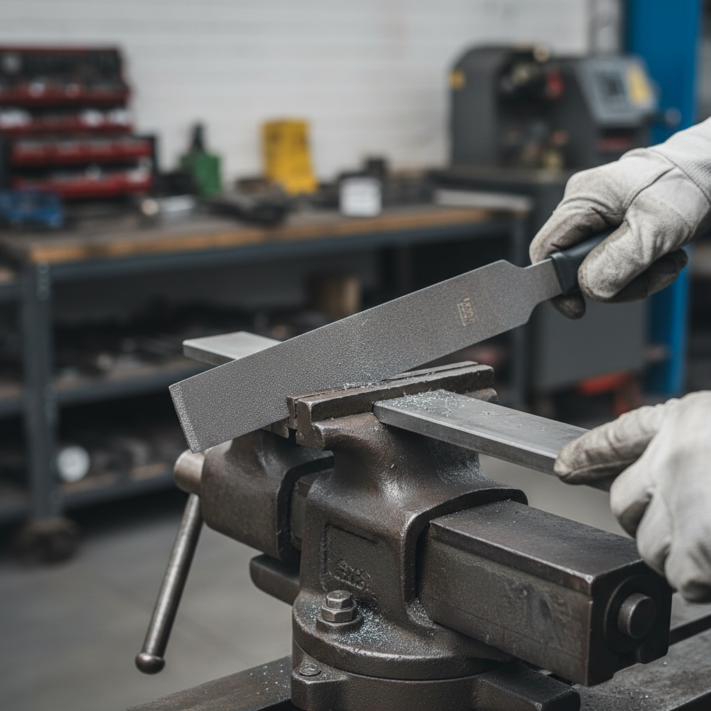 Flat second cut bastard file used on steel in a bench vise