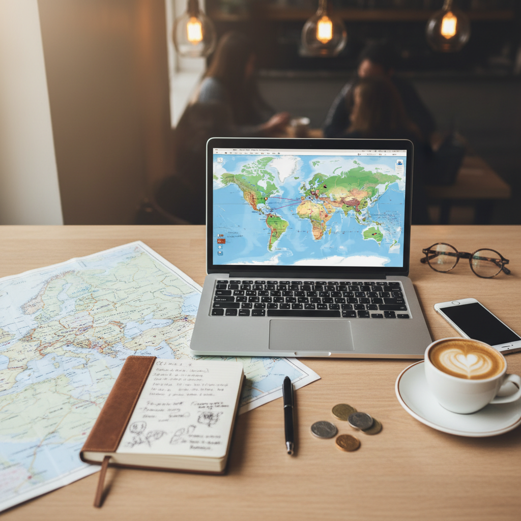 Traveler planning a route to hidden gem travel spots with a map and laptop