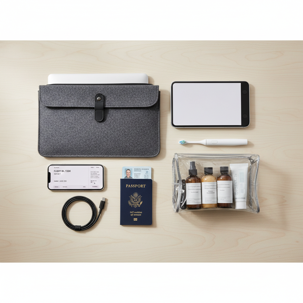 Carry-on packing layout with TSA-friendly toiletries and travel documents