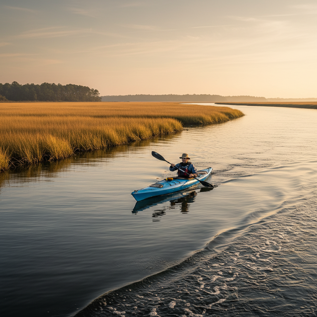 Kayaker paddling calm inlet water near marsh with light boat wake