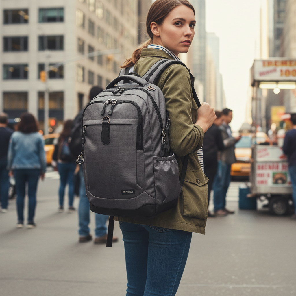 Traveler wearing an anti theft travel backpack in a busy city crowd