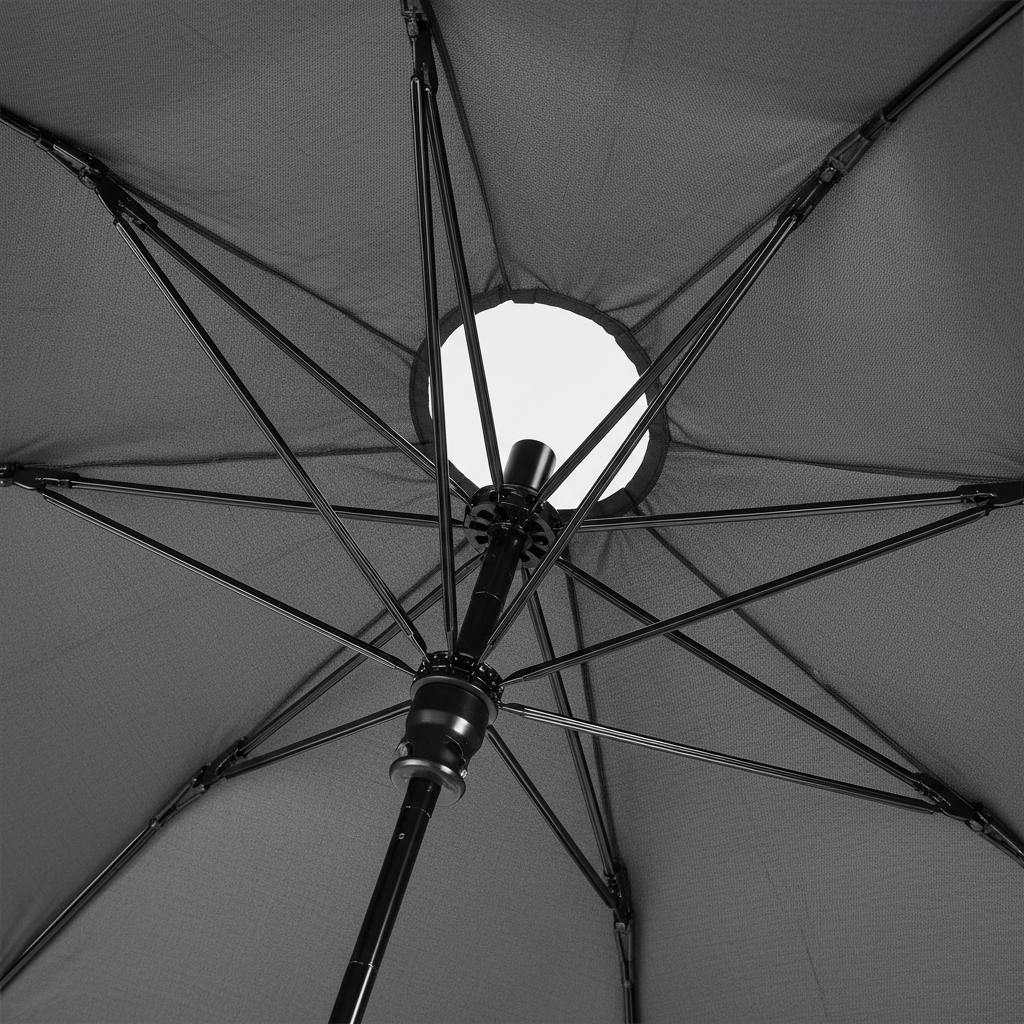 Windproof umbrella frame ribs and vented canopy detail