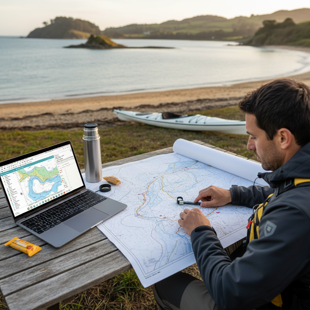 Calm water inlet kayaking route planning on a coastal map