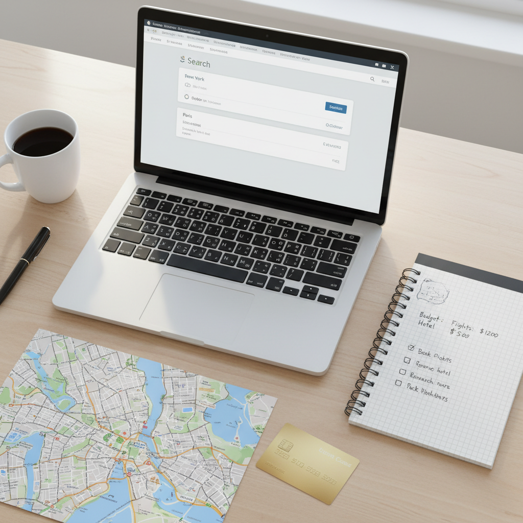 Beginner-friendly budget travel planning on a laptop with a notebook and map