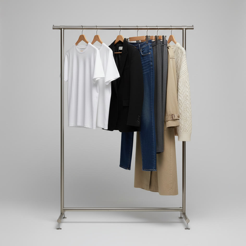 Minimal capsule wardrobe on a clothing rack with neutral pieces