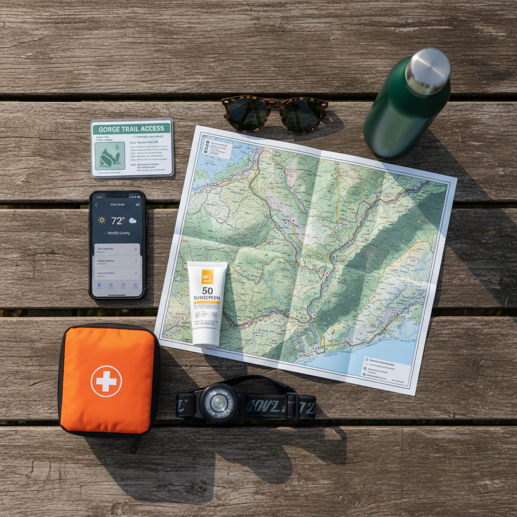 Trail map, phone weather app, and hiking essentials on a picnic table