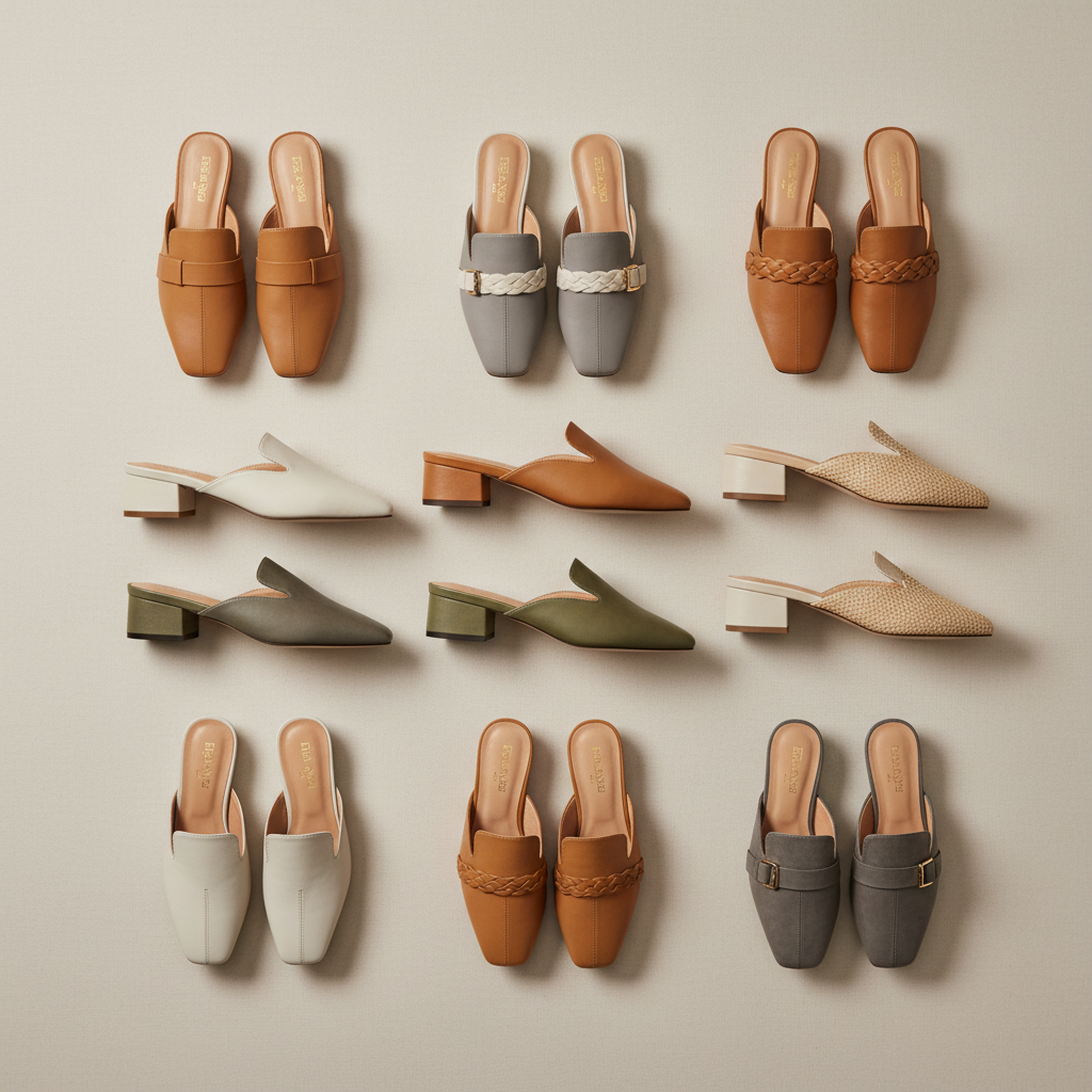 Close-up of different mule toe shapes and heel heights on a neutral background