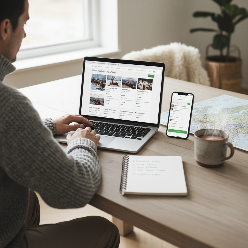 Traveler comparing winter reindeer sleigh tour options on a laptop with a map