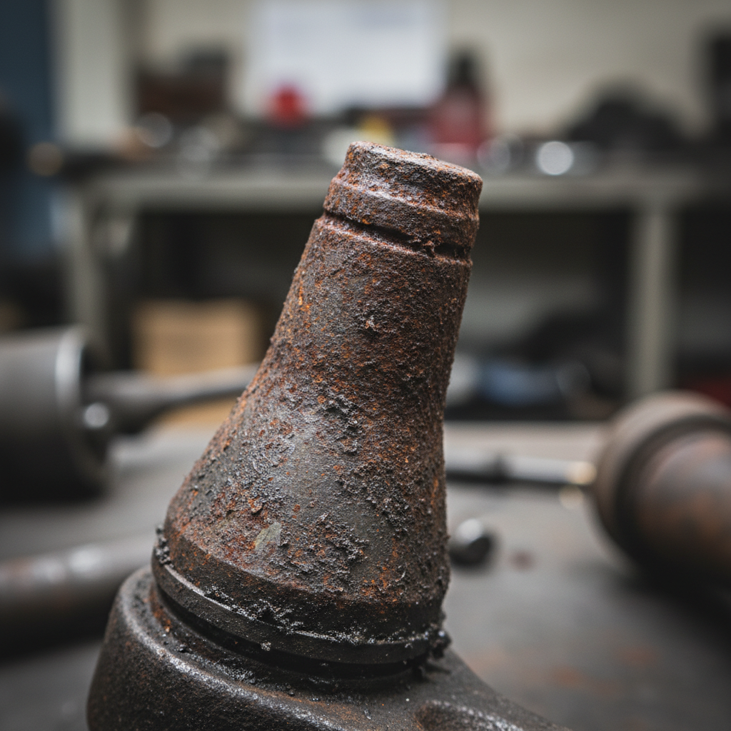 Close-up of corroded tie rod end taper and steering knuckle seat