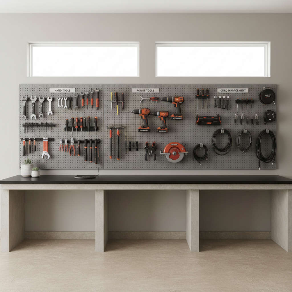 Home garage pegboard layout plan with zones for hand tools, power tools, and cords