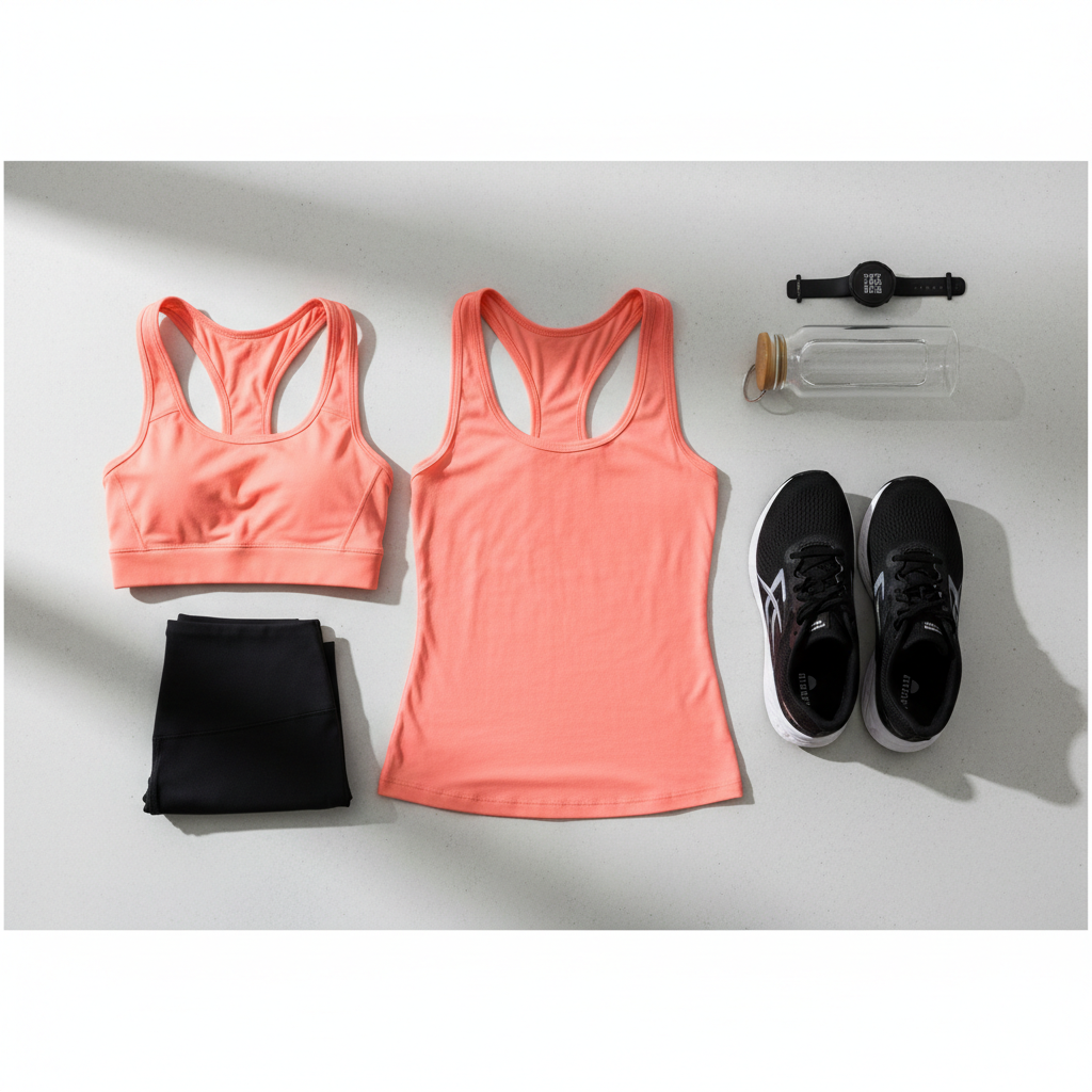 Flat lay of women’s racerback tank top with sports bra and training accessories