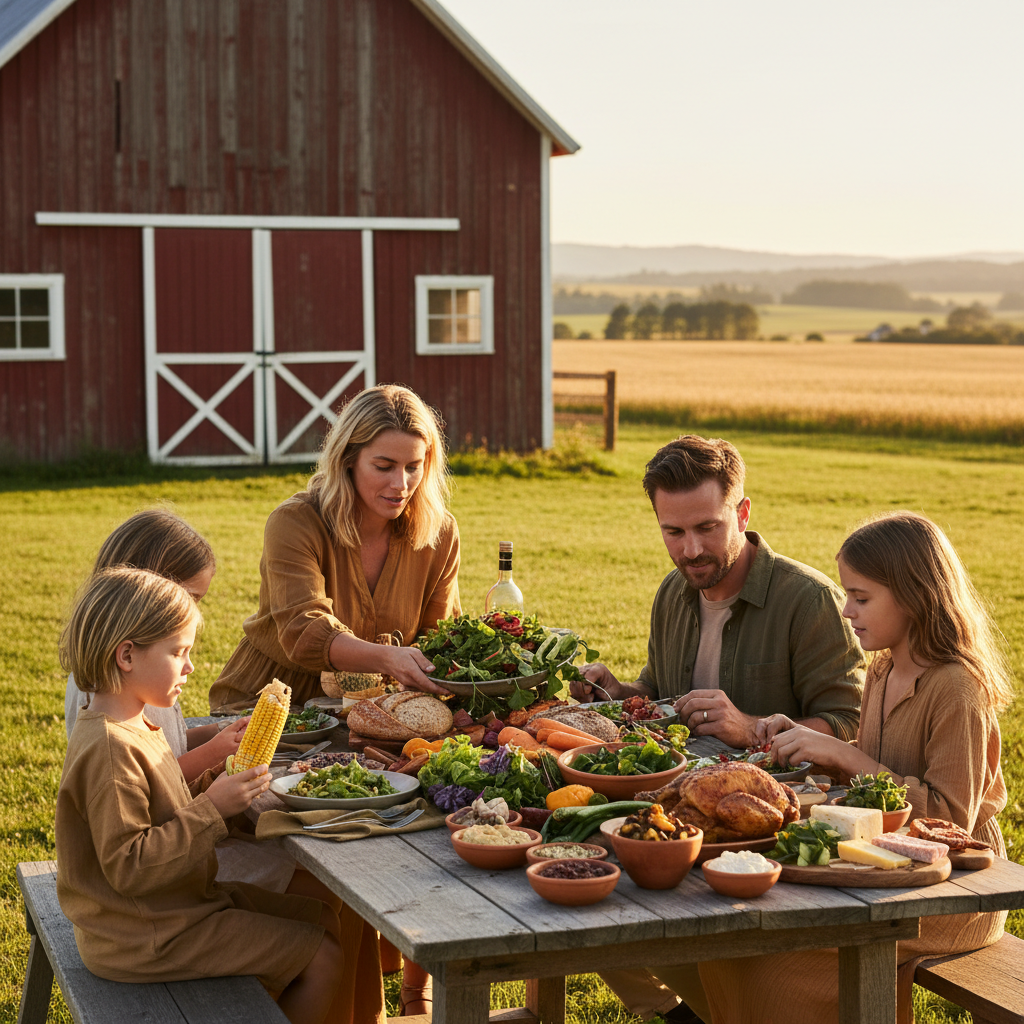 Family enjoying a farm-to-table meal at a farm stay