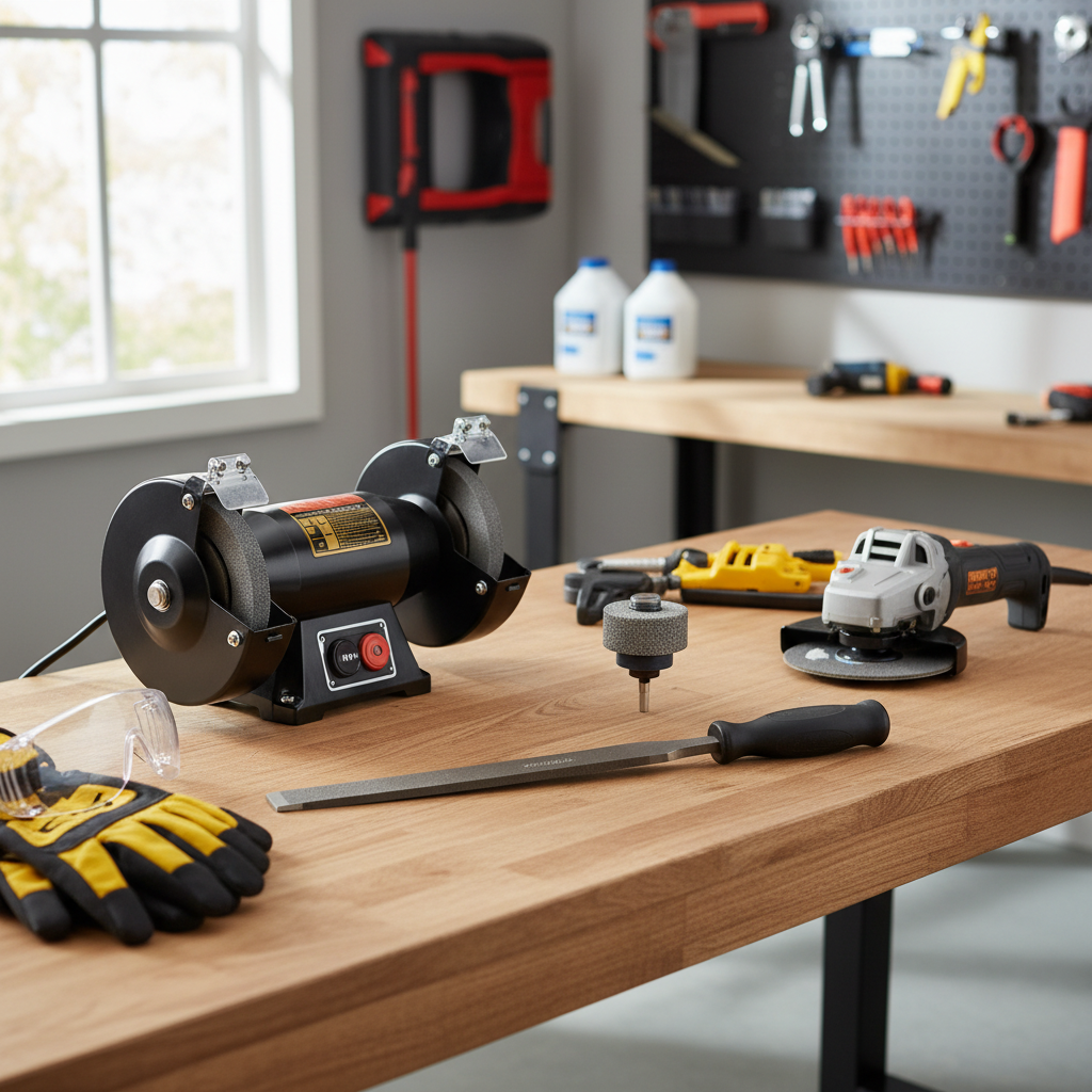 Common lawn mower blade sharpening tools on a workbench