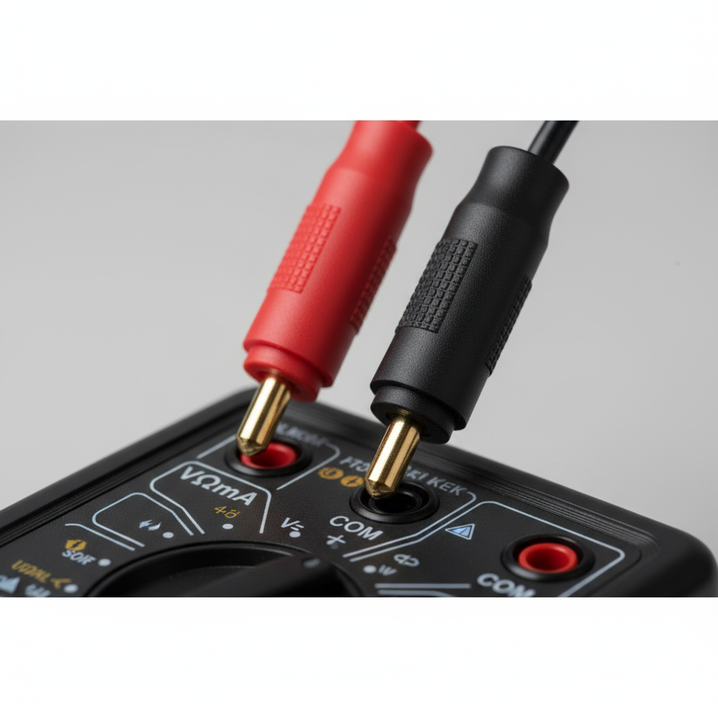 Close-up of shrouded banana plugs and multimeter input jacks for lead compatibility