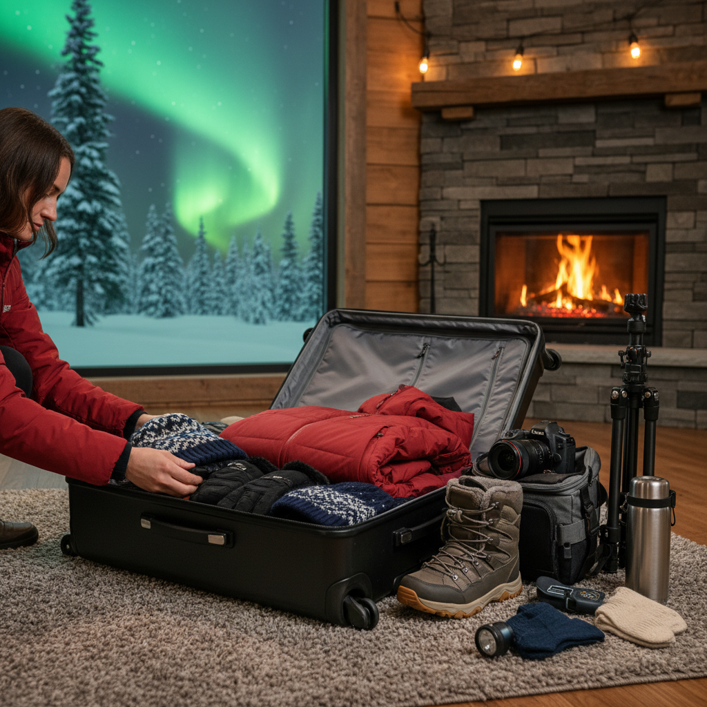 Traveler packing winter gear and camera for aurora viewing trip