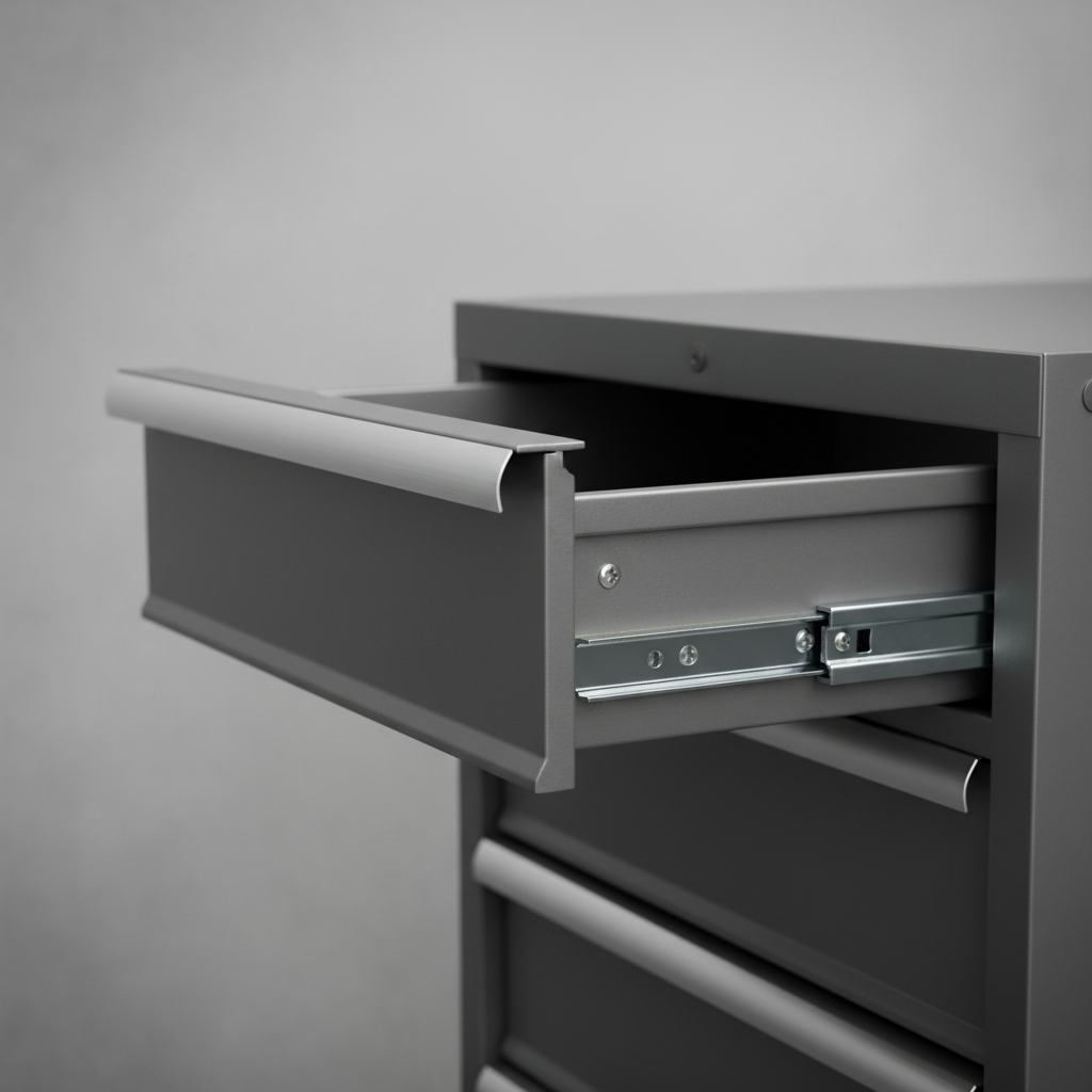 Close-up of metal tool chest drawer slides and ball-bearing rails