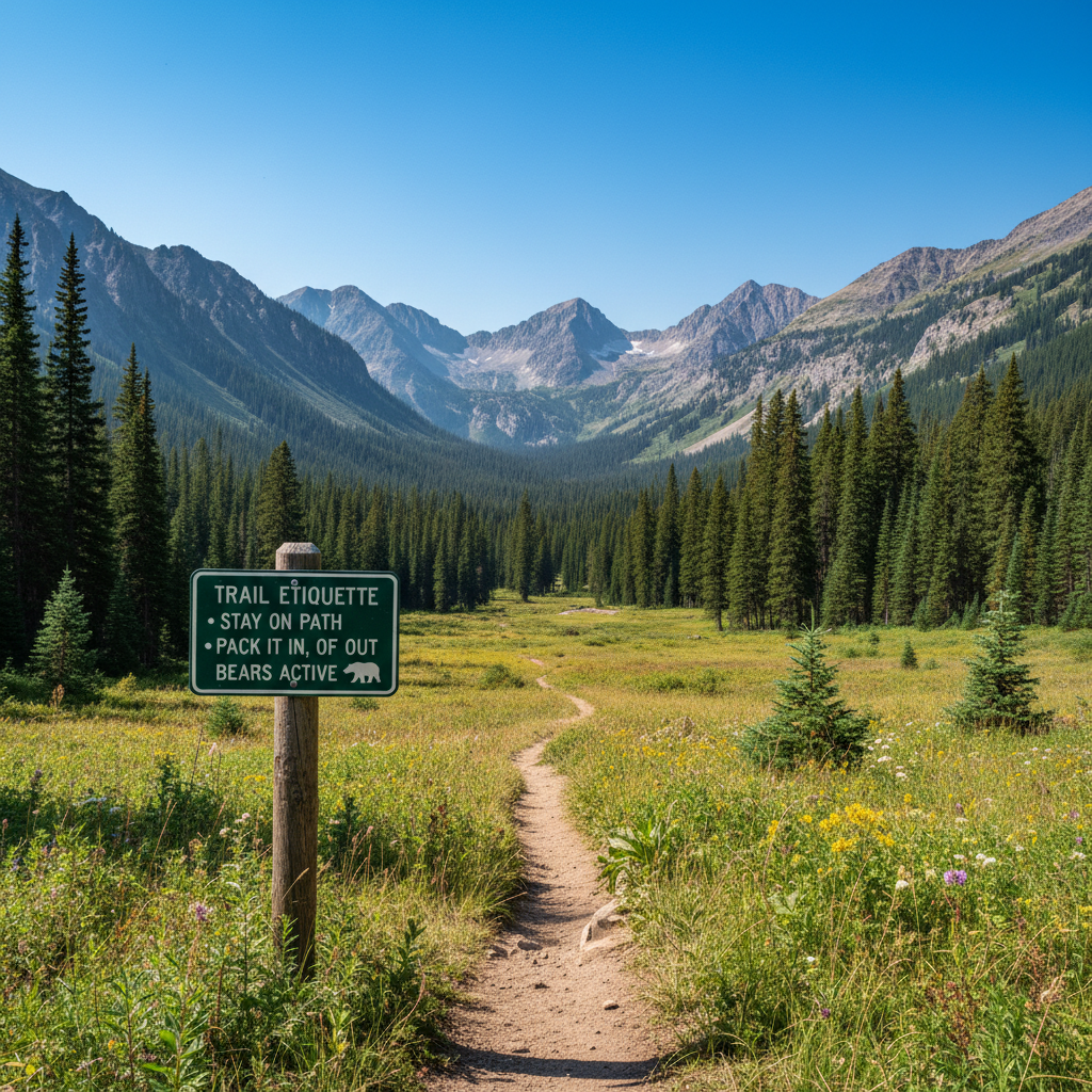 Scenic valley hiking trail with safety signage and layered mountains