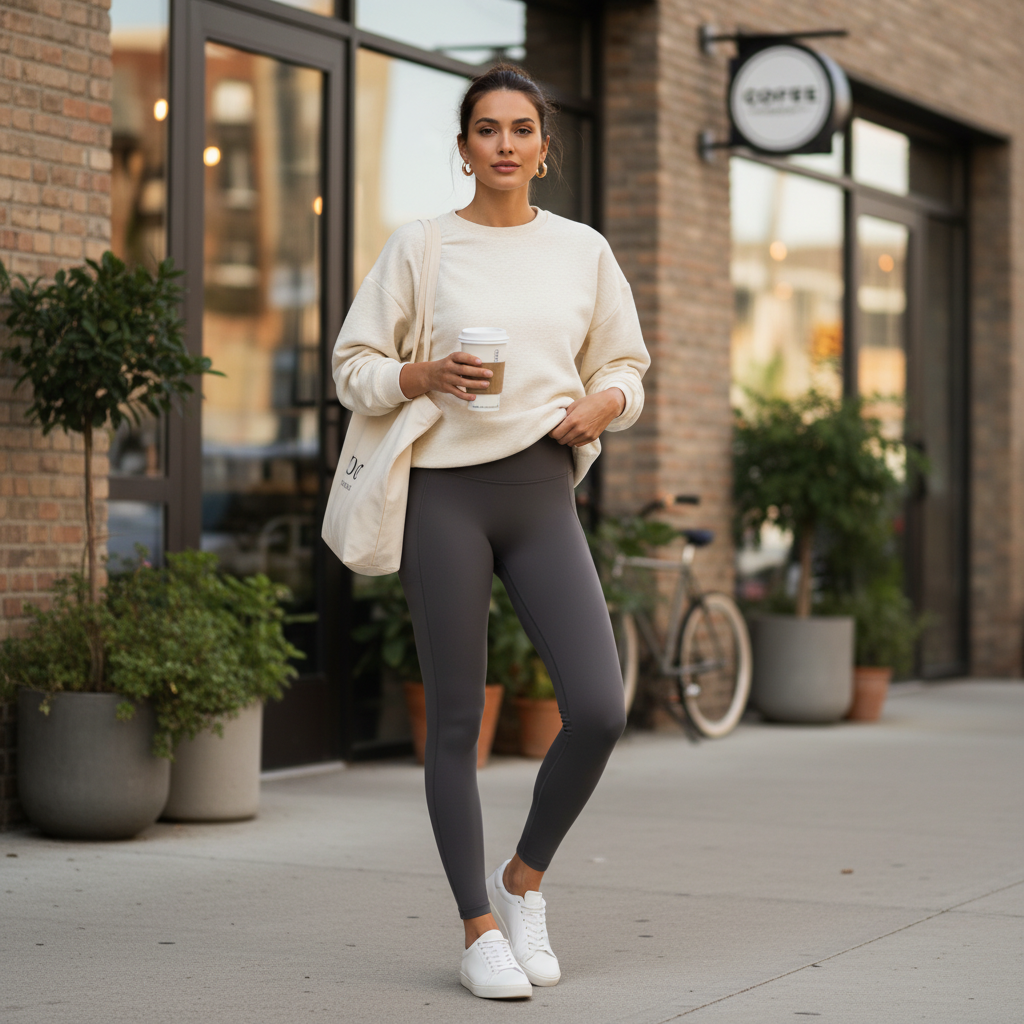 Stylish athleisure outfit with leggings, oversized sweatshirt, and clean sneakers