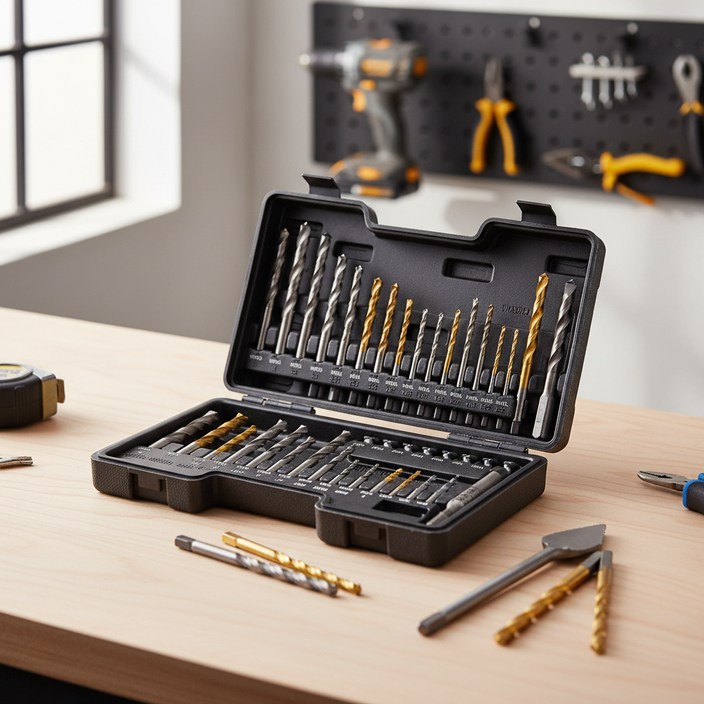 Multi purpose drill bit set for wood and metal on a workbench