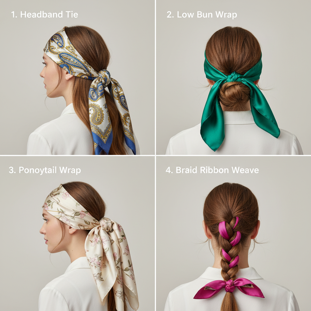 Step-by-step silk scarf hairstyles including headband and ponytail wrap