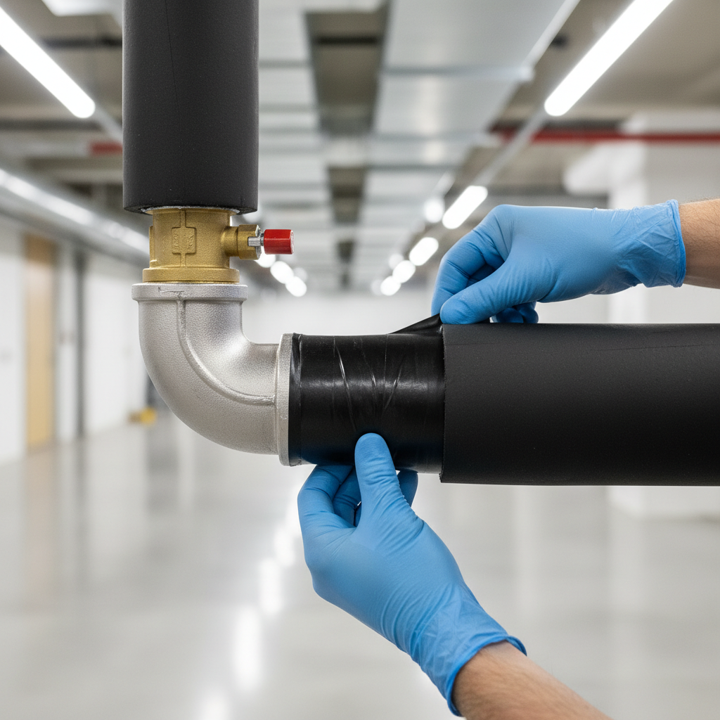 Sealing seams on pipe insulation foam tube with proper tape around fittings