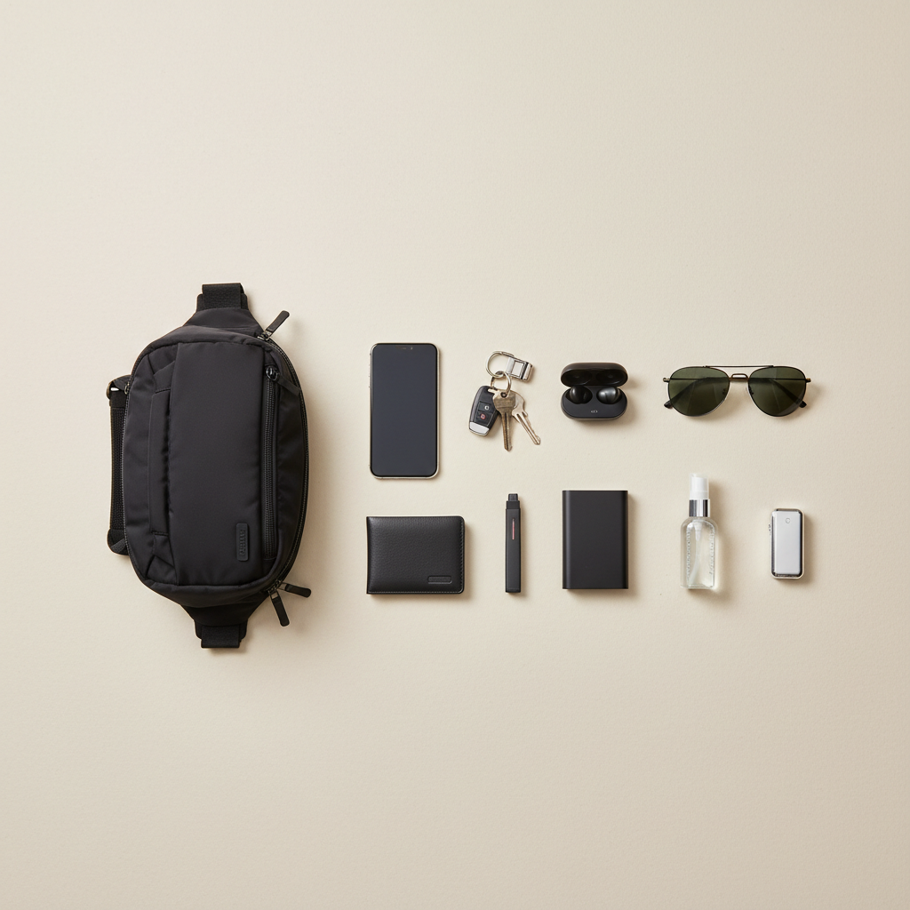 Organized packing layout for a men casual waist bag essentials