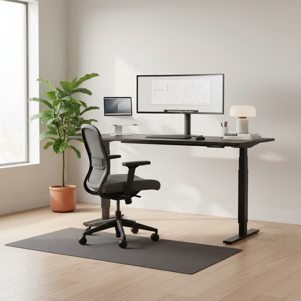 Standing desk anti fatigue mat in a modern home office setup