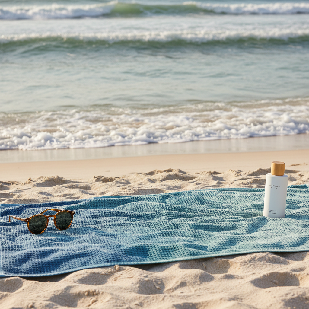 Quick dry travel towel on a sandy beach with ocean in background