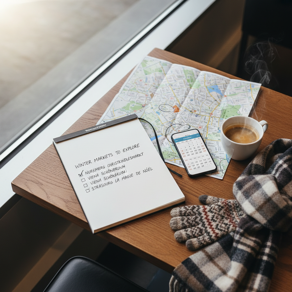 Traveler planning a winter market itinerary with map and coffee