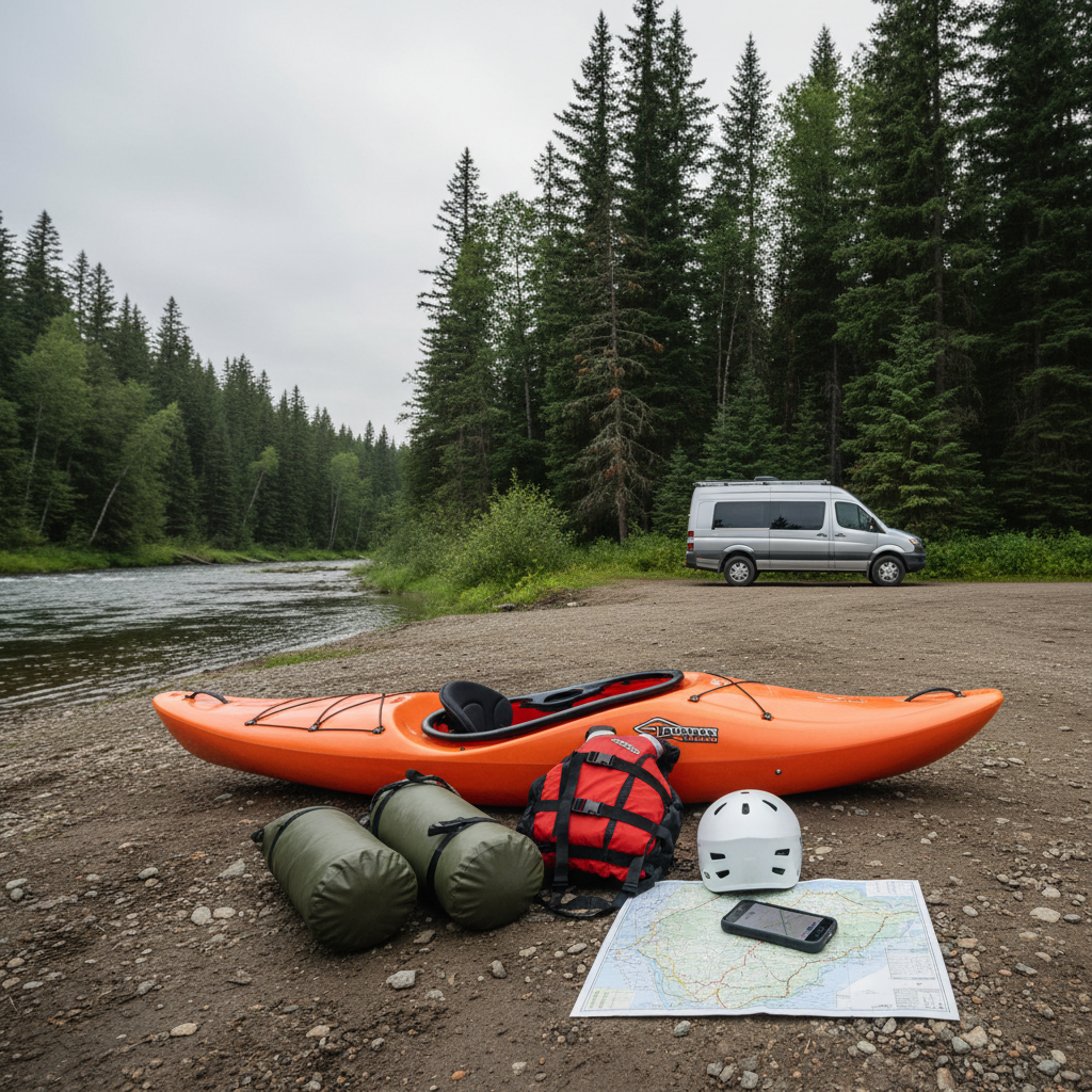 River put-in planning with map, shuttle car, and kayak gear laid out