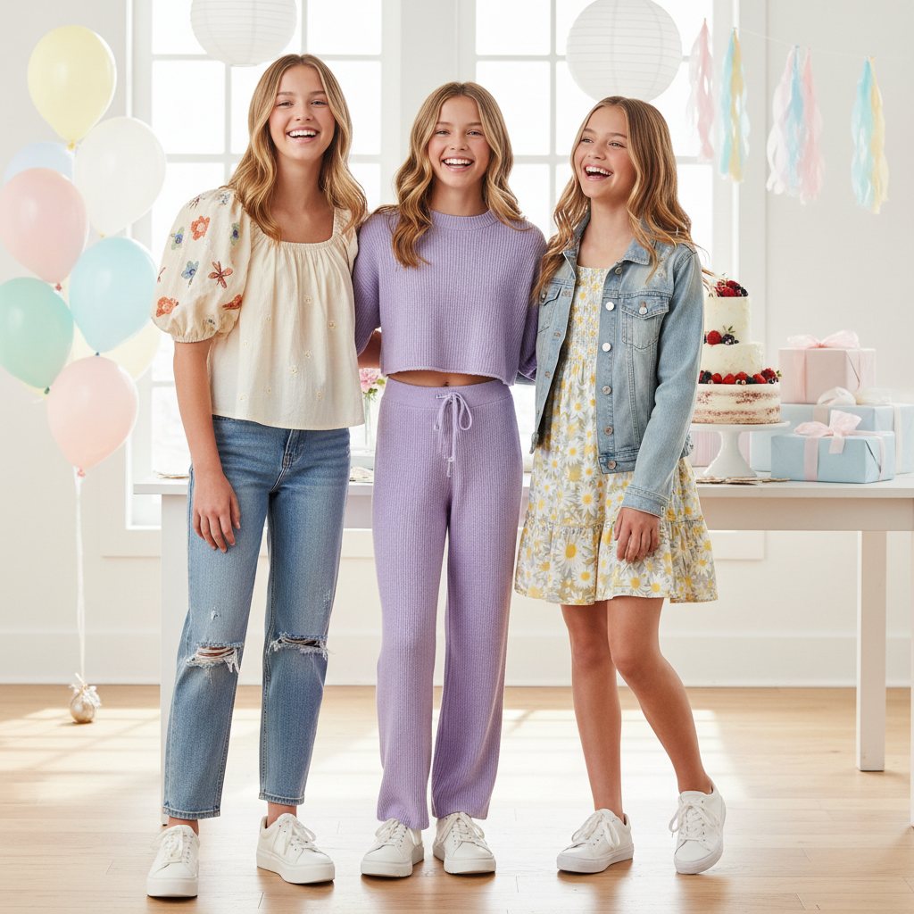 Girls birthday party outfit ideas with casual-cute looks and sneakers