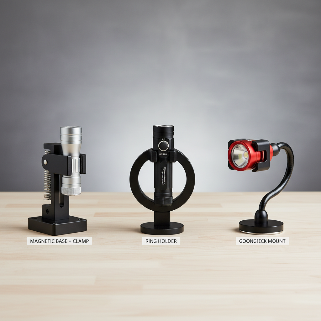 Comparison of magnetic flashlight holder mount styles on a workbench