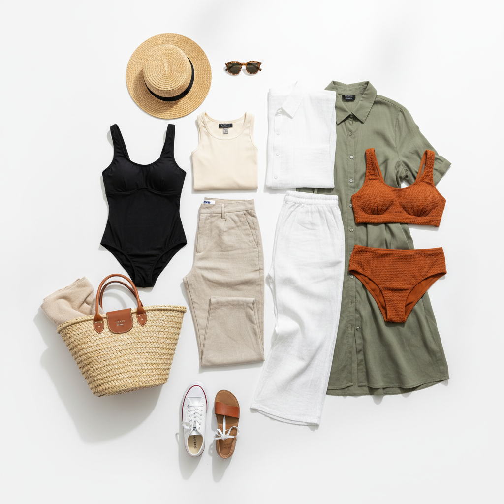 Beach vacation capsule wardrobe laid out with neutral lightweight pieces and accessories