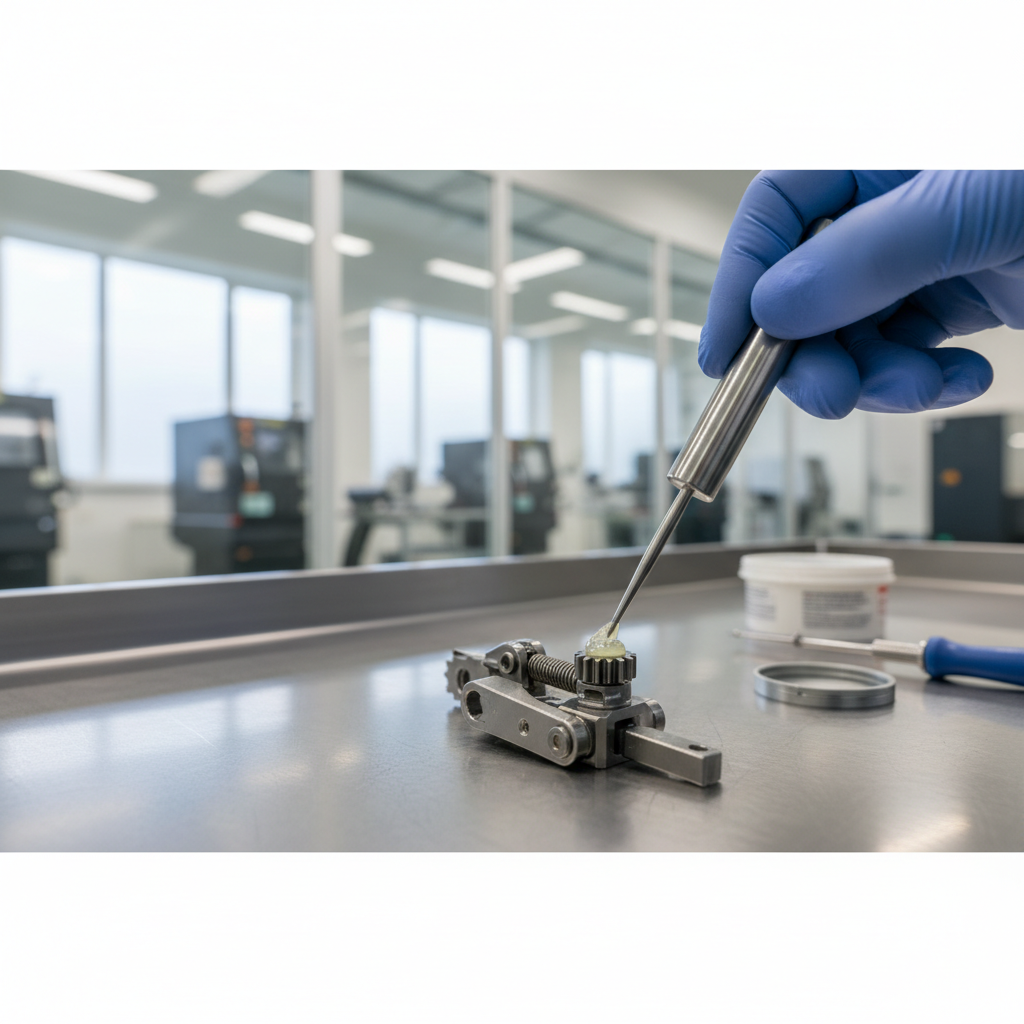 Technician using a grease injector needle tip on a small mechanical linkage