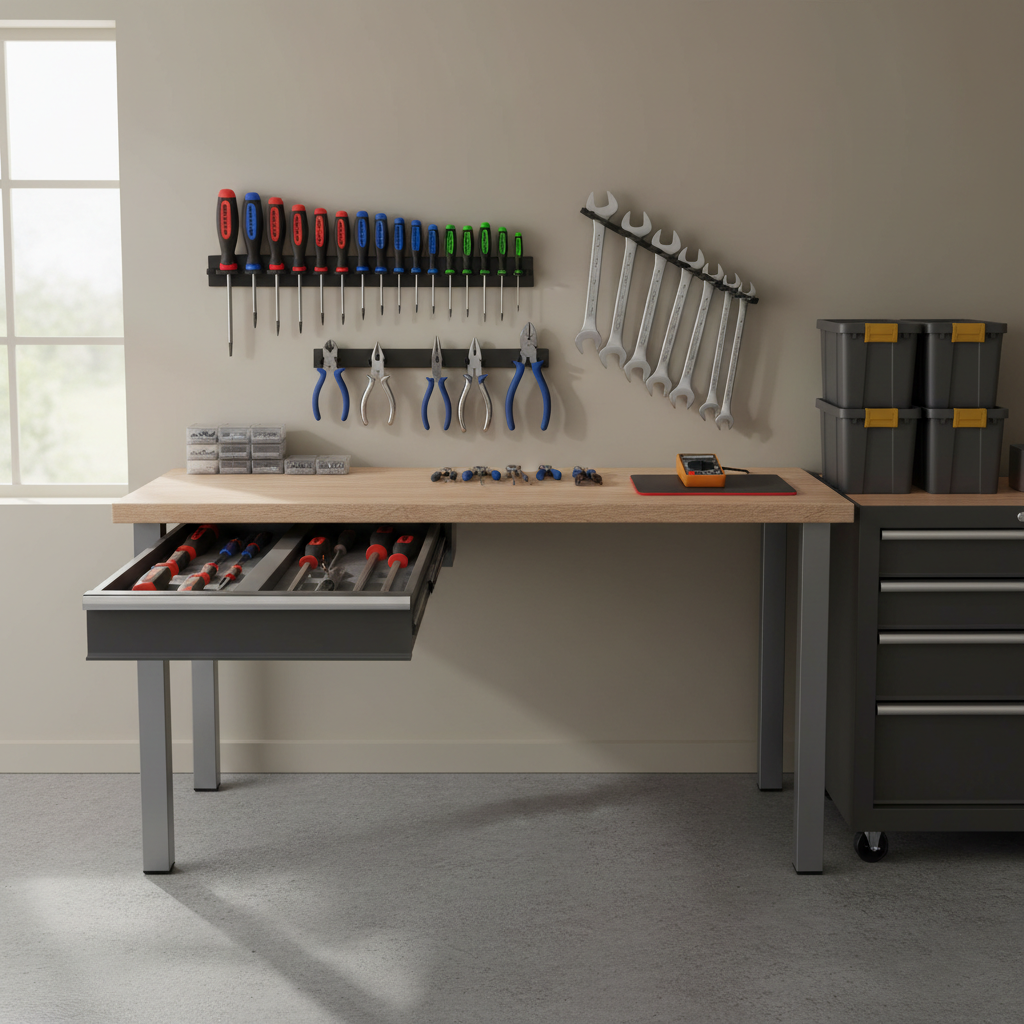 Organized workbench with a screwdriver organizer rack and clear tool zones for fast access