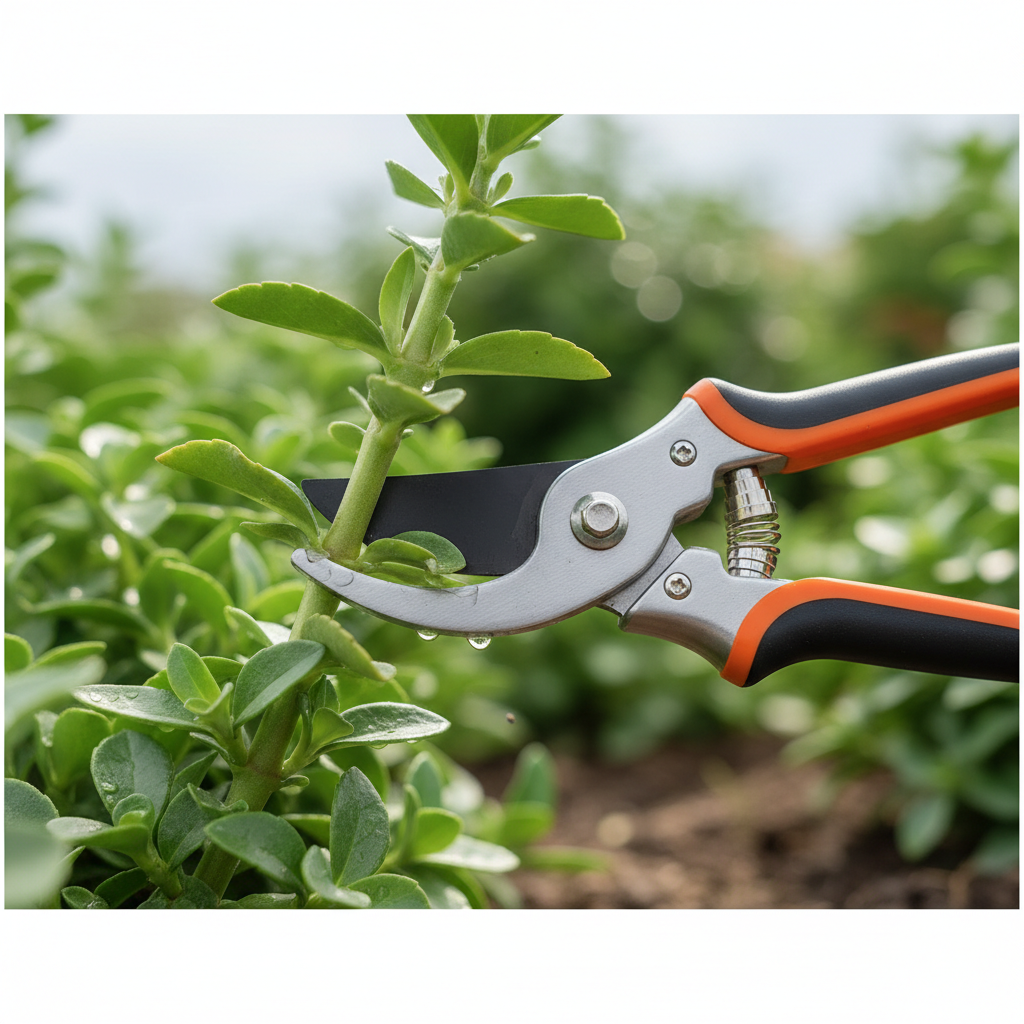 Close-up of sharp pruning shears making a clean cut on a green stem