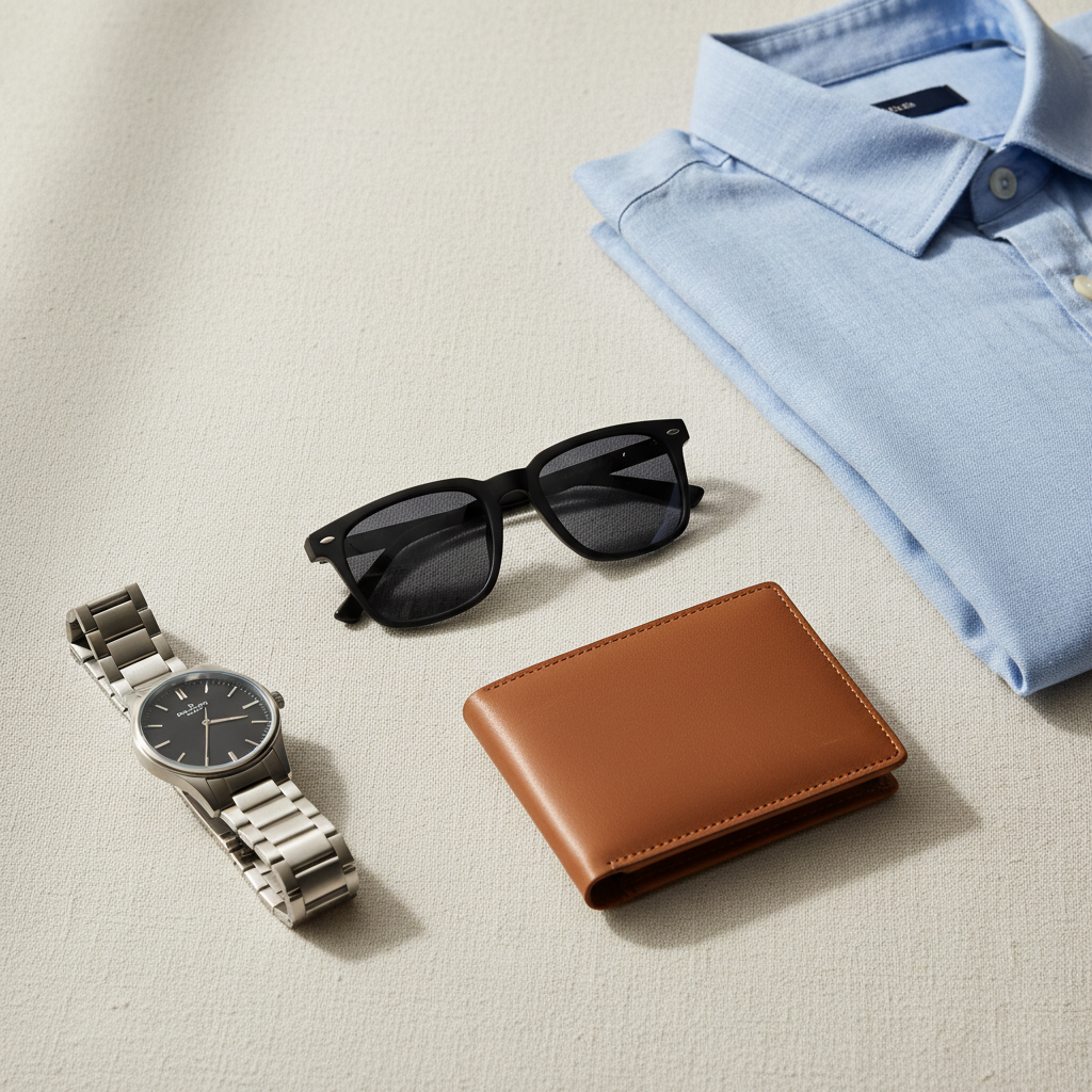 Flat lay of men’s square sunglasses with watch and casual outfits for 2026 styling