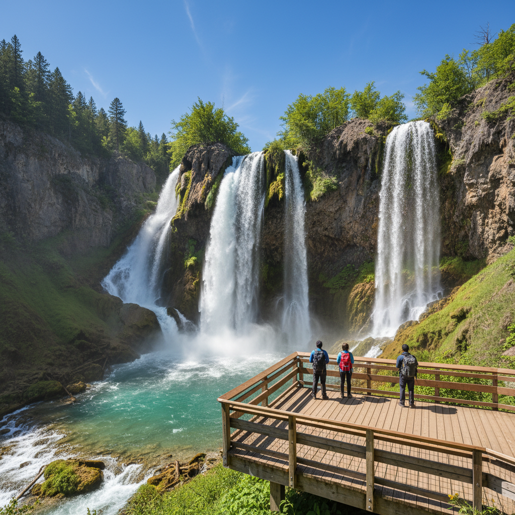 American national park waterfall with hikers on a safe viewpoint platform