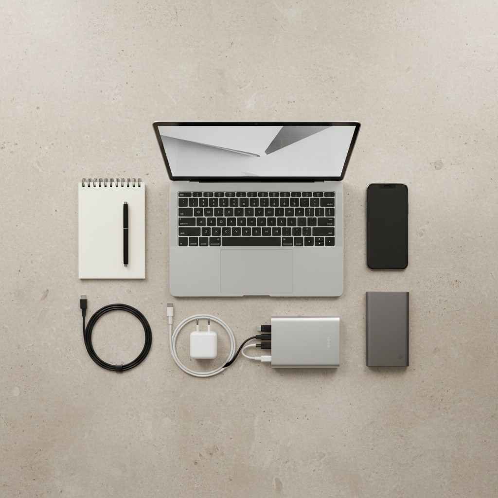 Minimal travel tech gear setup for remote work: laptop, phone, charger, power bank