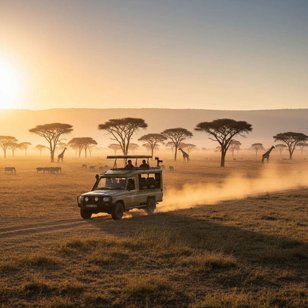Safari jeep at sunrise in African savanna with acacia trees