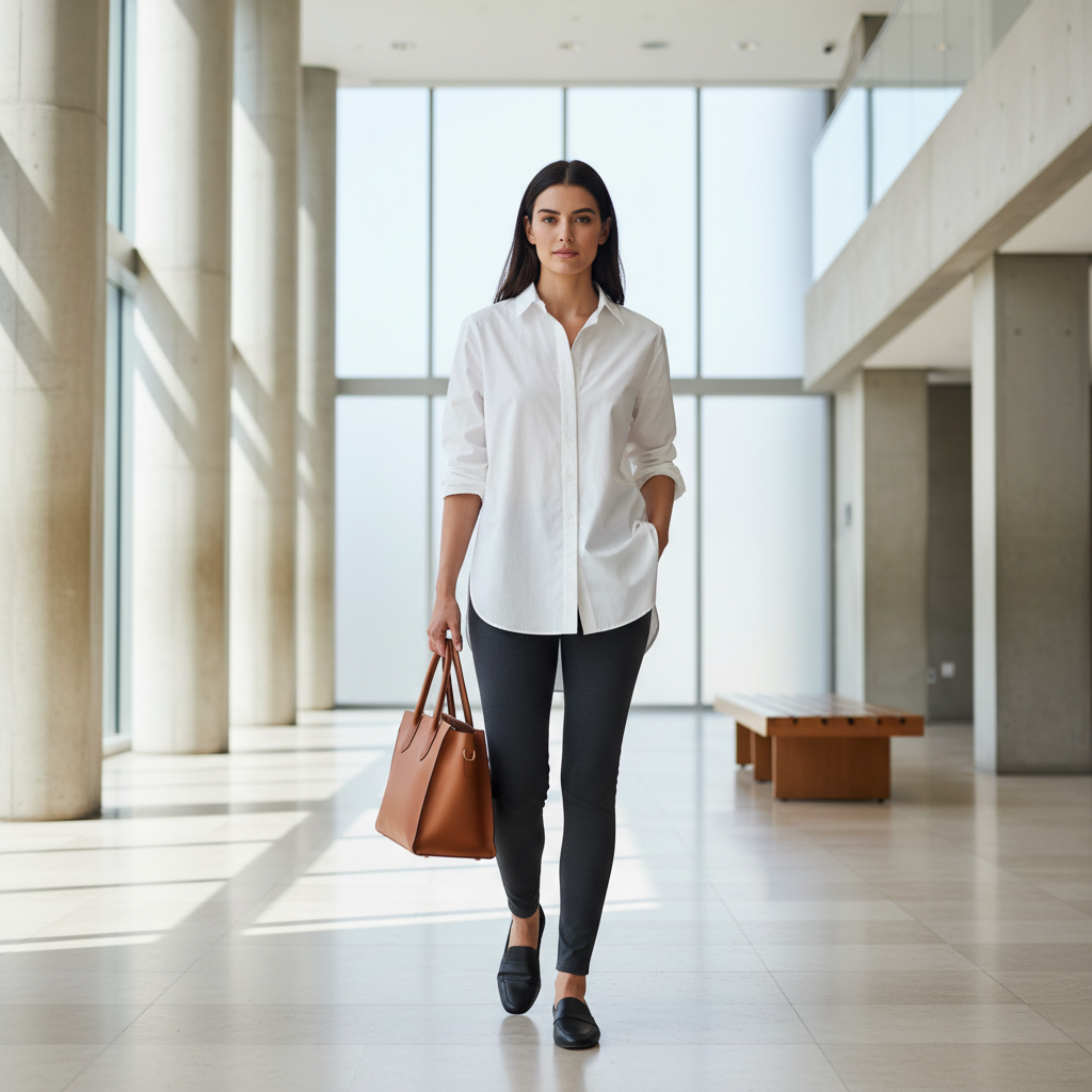 Yoga pants casual outfit with button-down shirt and structured tote bag