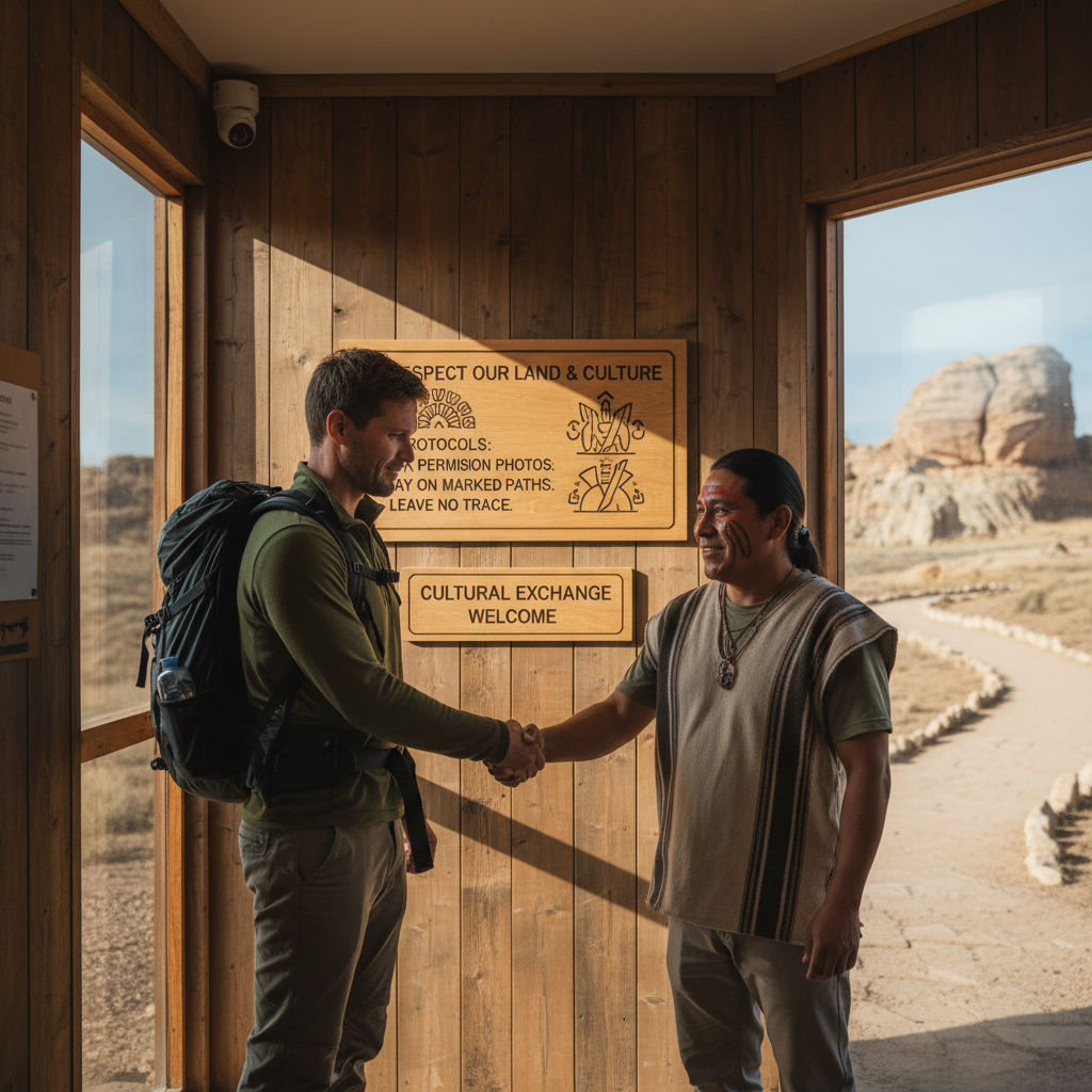 Traveler meeting an Indigenous guide at a visitor center with cultural protocol signage